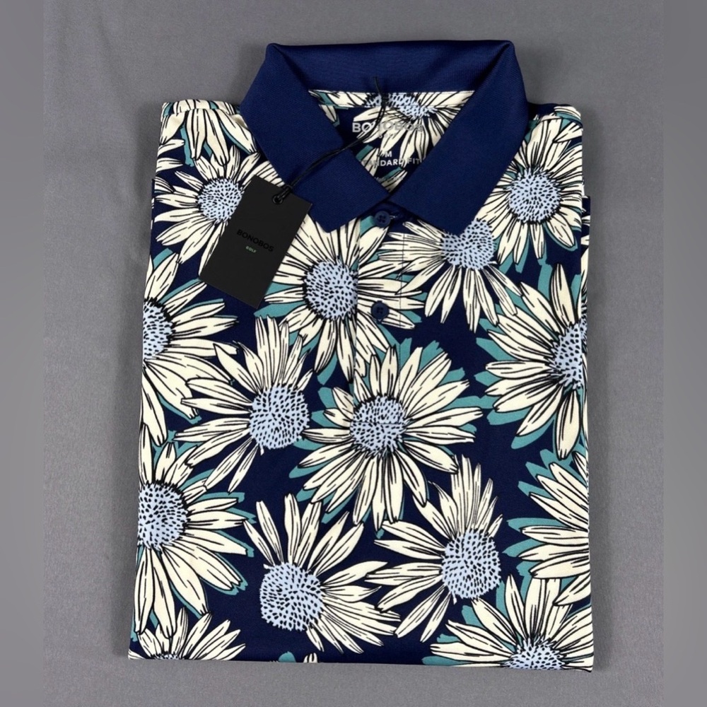 Bonobos Golf Shirt Polo Sunflowers Print Medium Blue Polyester Spandex